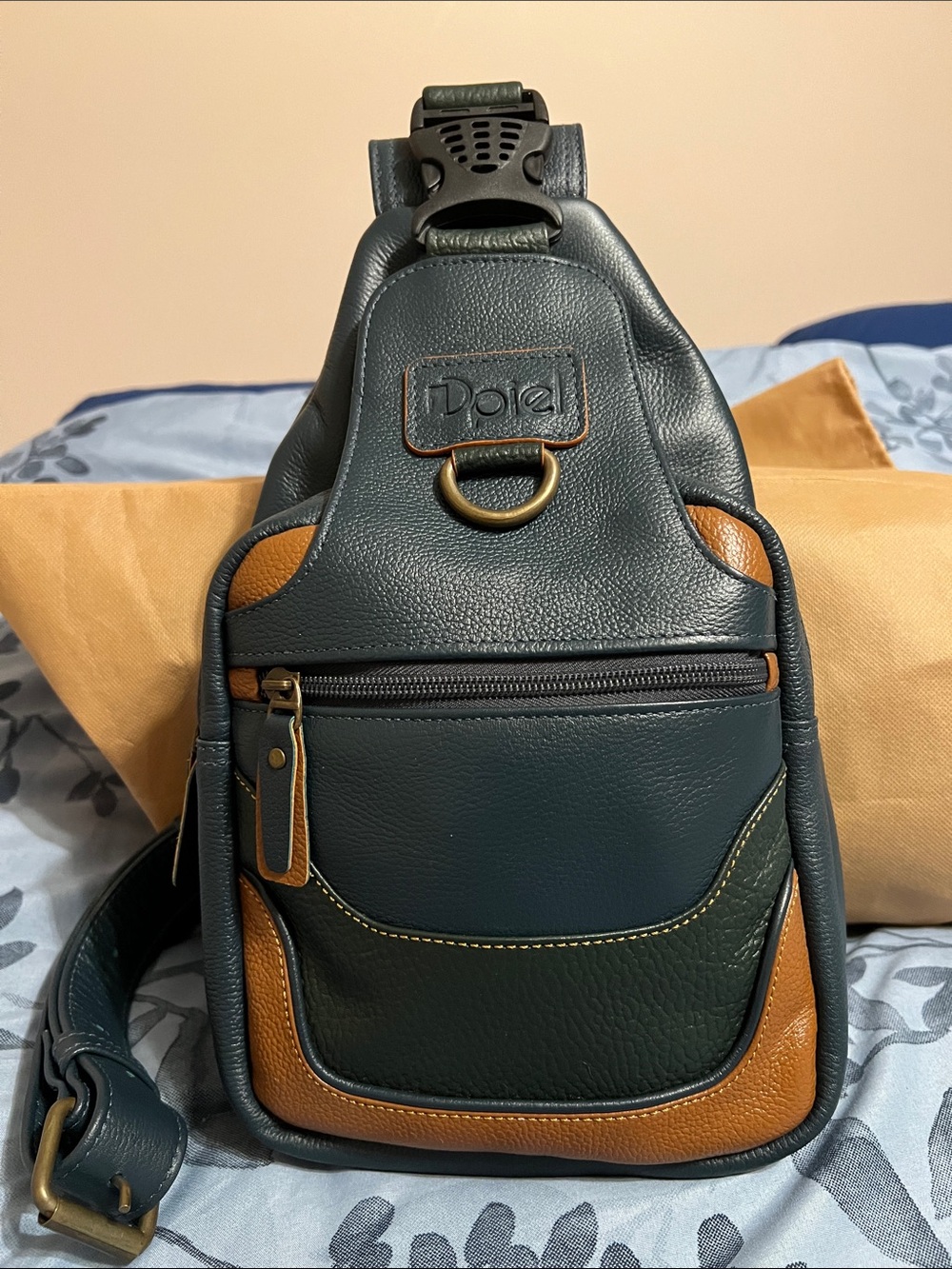 Piel Men's Sling Bag in Dark Blue and Tan Leather